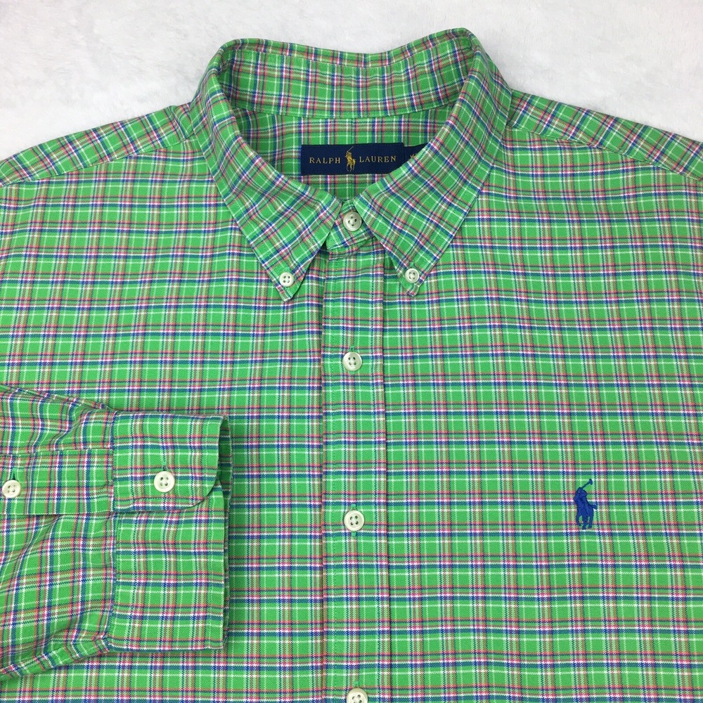 Ralph Lauren Men's XXL Shirt Green Plaid Long Sleeve Embroidered Cotton